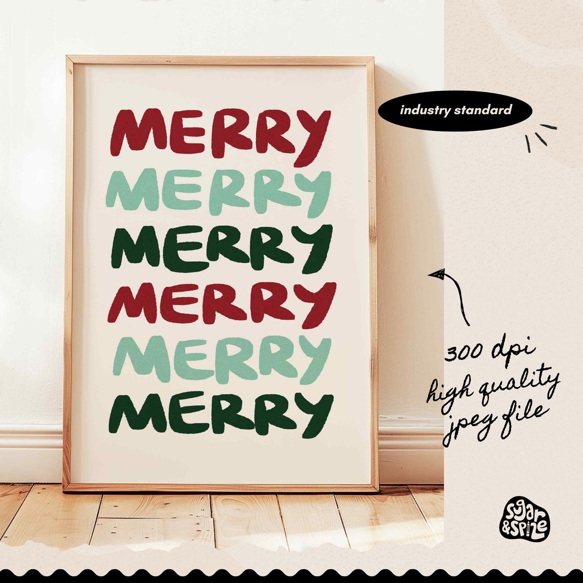 Merry Repeated Striped Red Green Hand Lettered Christmas Poster - Image 2