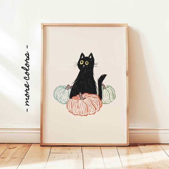 Halloween Pumpkin And Cat Print Poster Pumpkin Autumn Wall Art Cute Black Cat Wall Art Beige Fall Decor
