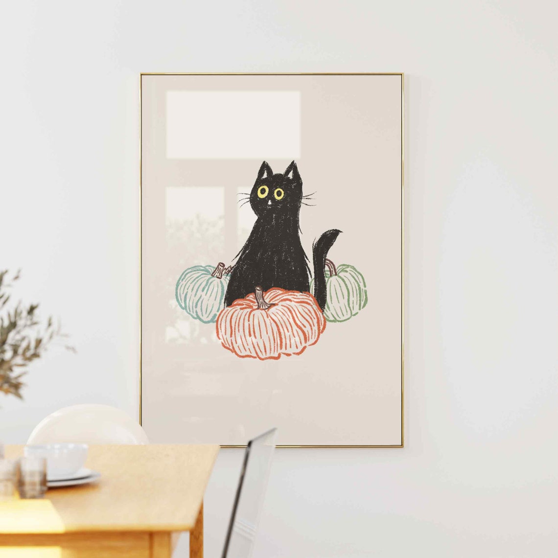 Black Cat Orange Teal Pumpkins Colorful Halloween Fall Wall Art - Image 5