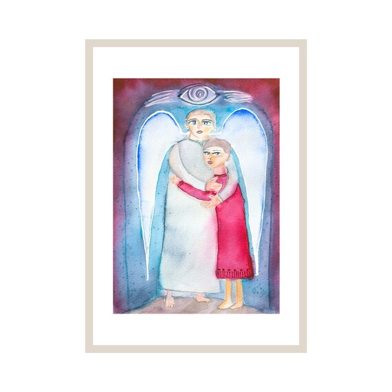 Guardian Angel Embracing Child Watercolor Nursery Christian Poster