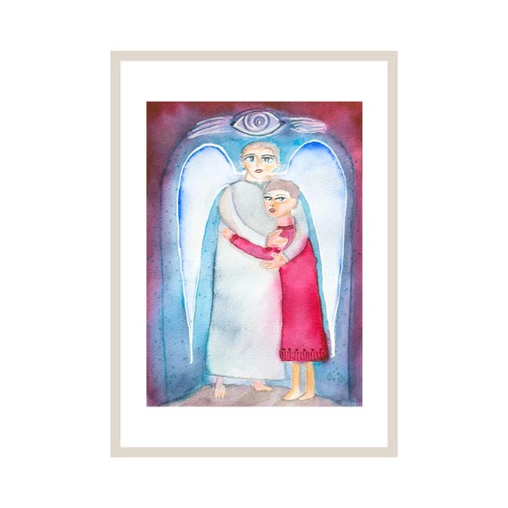 Guardian Angel Watercolor Print Embrace Nursery Wall Art