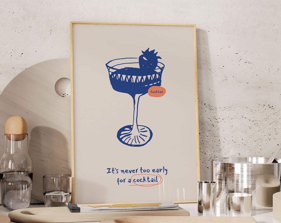 Navy Cocktail Coupe Blue Handwritten Bar Cart Quote Wall Art