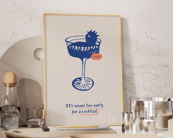 Navy Cocktail Coupe Blue Handwritten Bar Cart Quote Wall Art