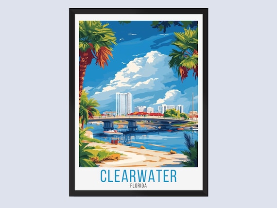 Clearwater Florida Retro Skyline Bridge Beach Coast Travel Poster