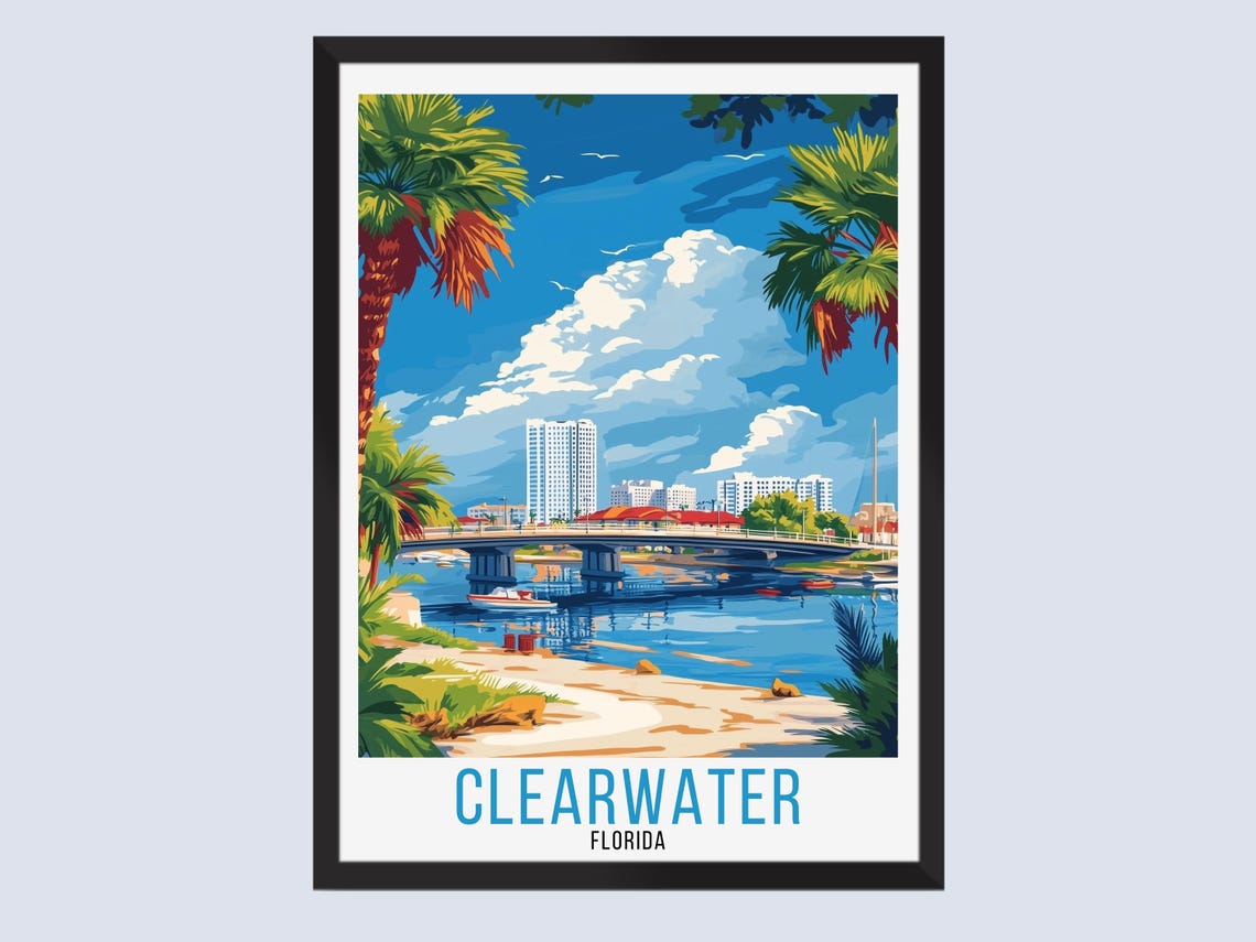 Clearwater Florida Retro Skyline Bridge Beach Coast Travel Poster