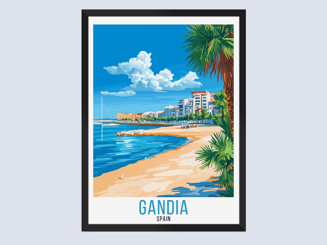 Gandia Spain Beach Promenade Palm Trees Retro Travel Poster Decor