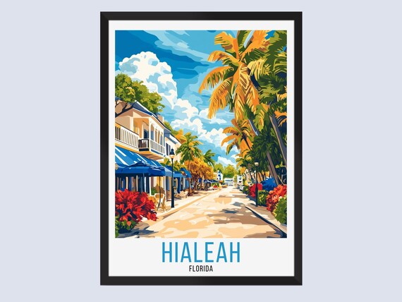 Hialeah Florida Travel Poster Palm Lined Street Vintage Style