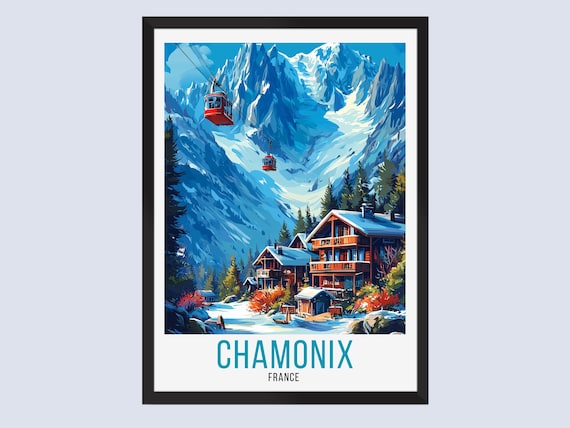 Chamonix France Red Cable Cars Over Snowy Alps Vintage Travel Poster