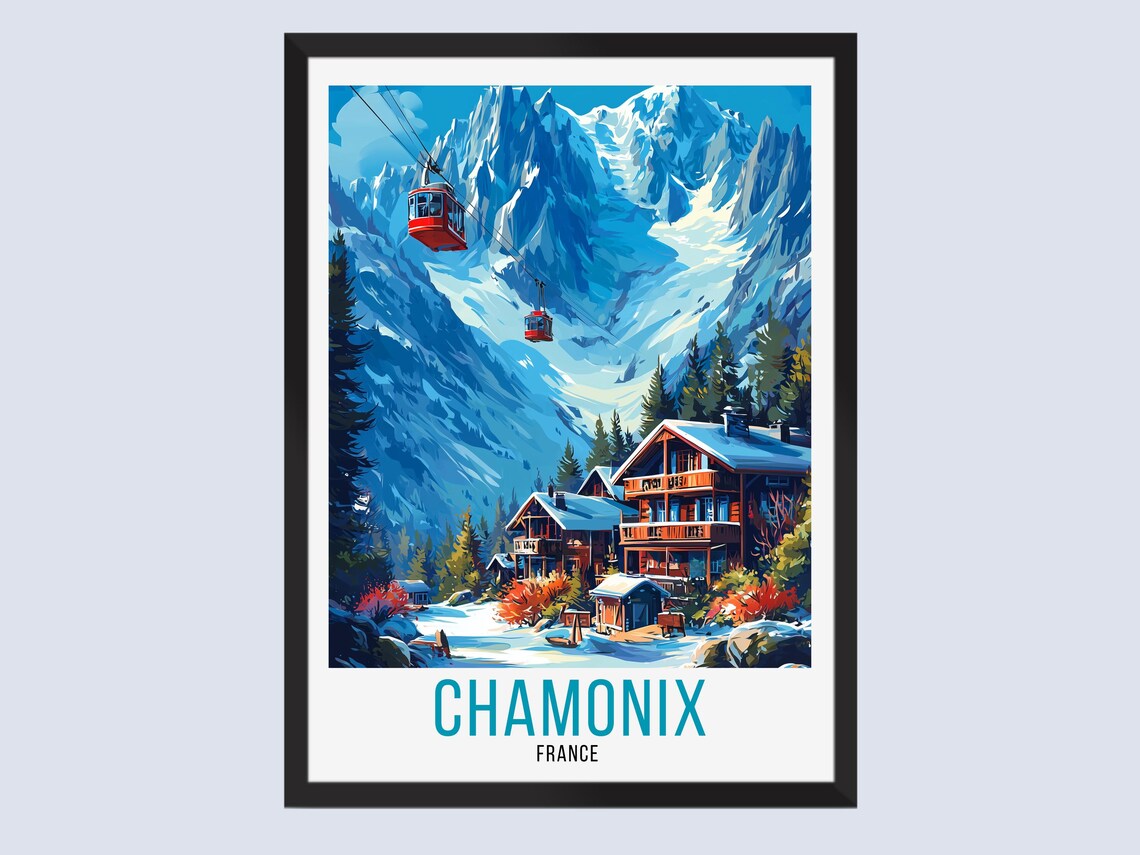 Chamonix France Red Cable Cars Over Snowy Alps Vintage Travel Poster