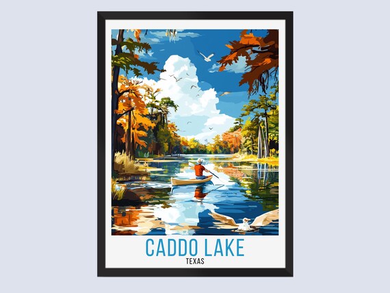 Caddo Lake Texas Travel Poster Vintage Canoe Scene Cypress Trees Birds