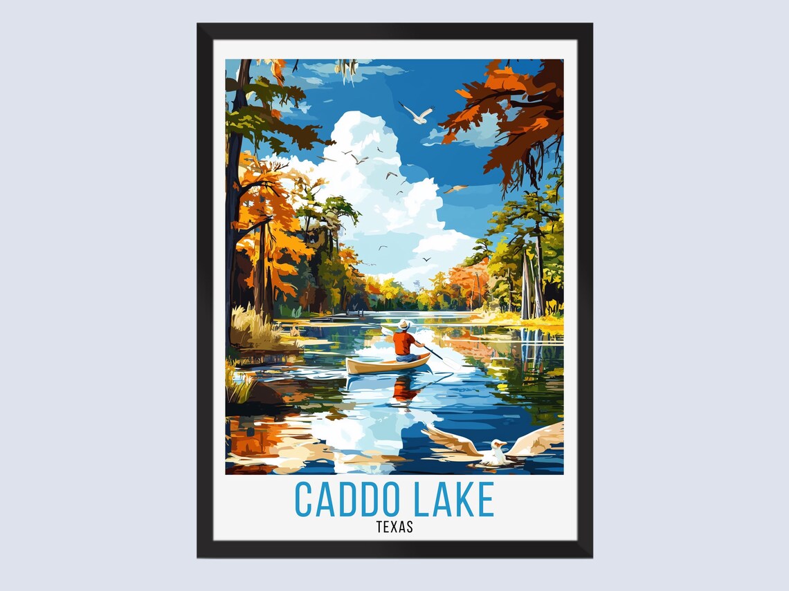 Caddo Lake Texas Travel Poster Vintage Canoe Scene Cypress Trees Birds