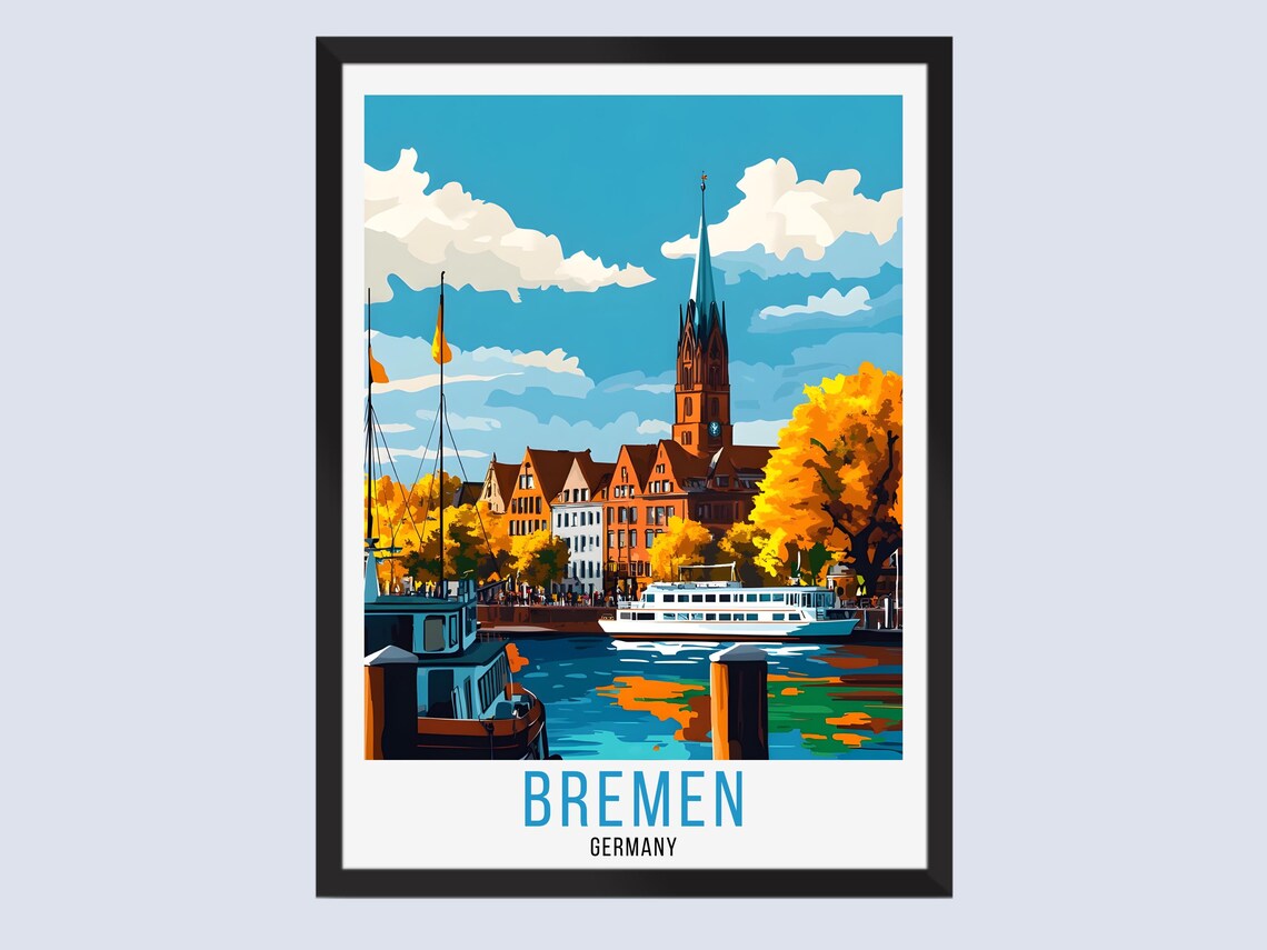 Bremen Germany Riverfront Church Tower Autumn Trees Travel Poster