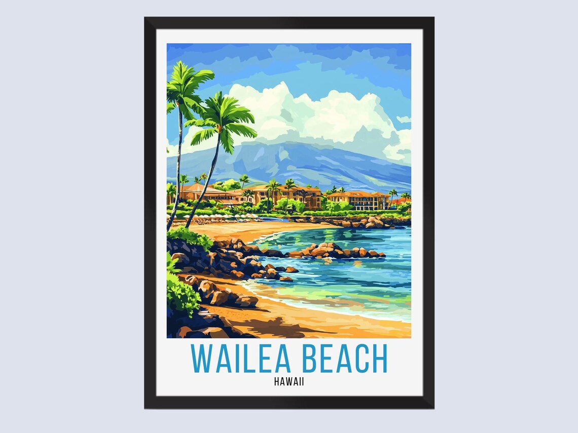 Wailea Beach Hawaii Retro Travel Style Palm Resort Tropical Ocean Poster