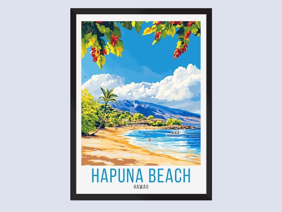 Hapuna Beach Hawaii Retro Travel Style Tropical Beach Scene Poster