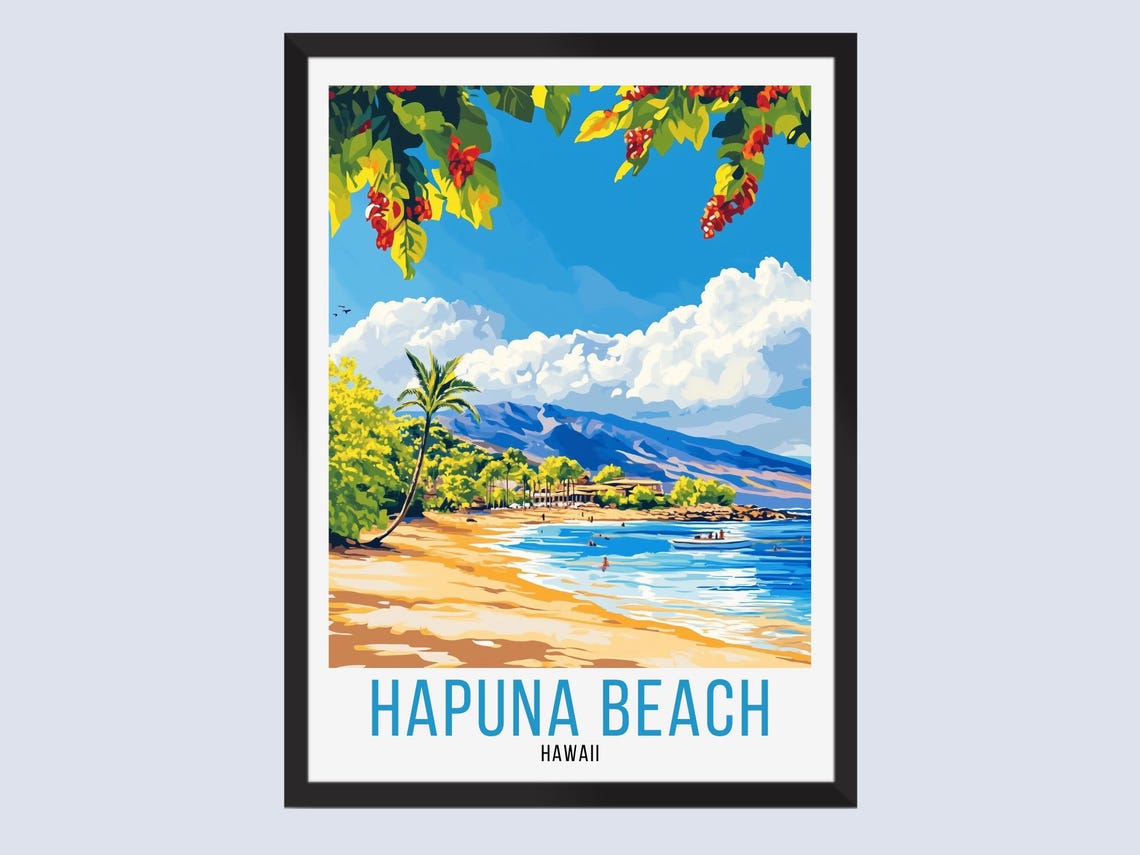 Hapuna Beach Hawaii Retro Travel Style Tropical Beach Scene Poster
