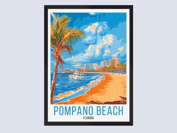 Pompano Beach Florida Palm Tree Shoreline Sunshine Travel Poster