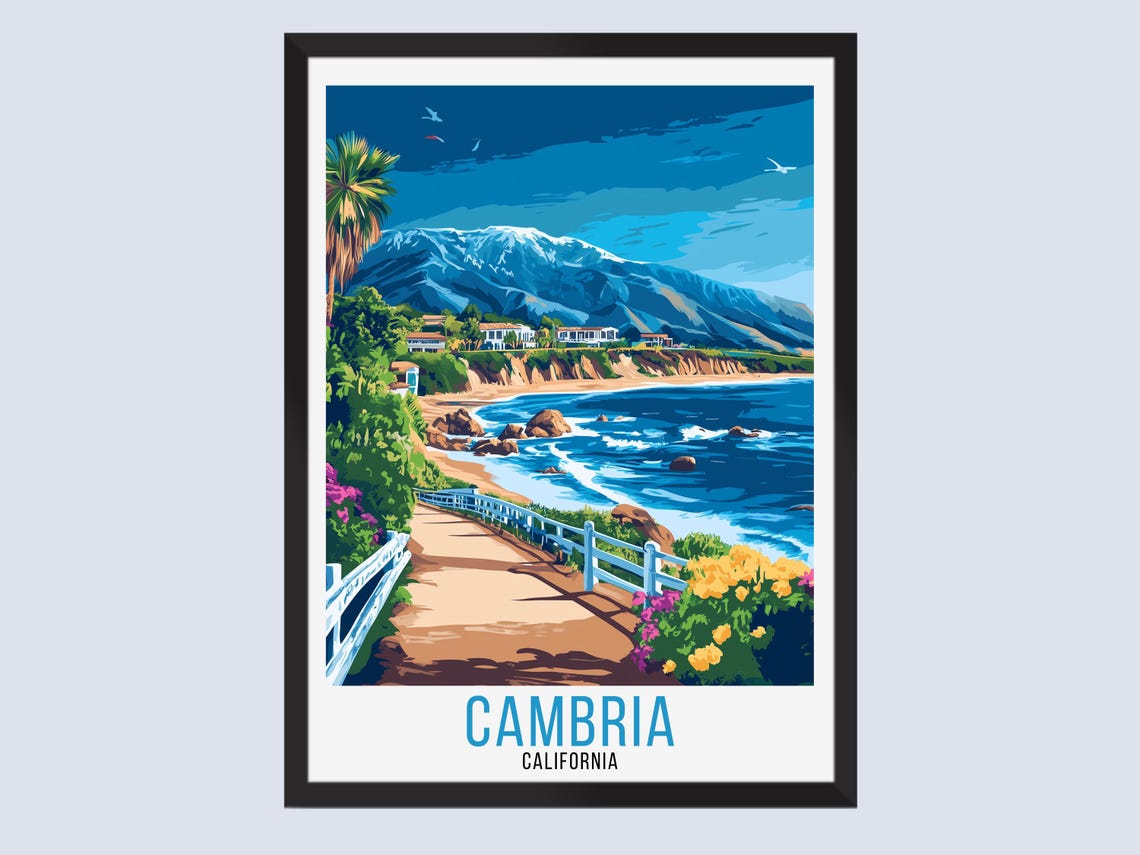 Cambria California Coastal Path Beach Flowers Retro Travel Poster