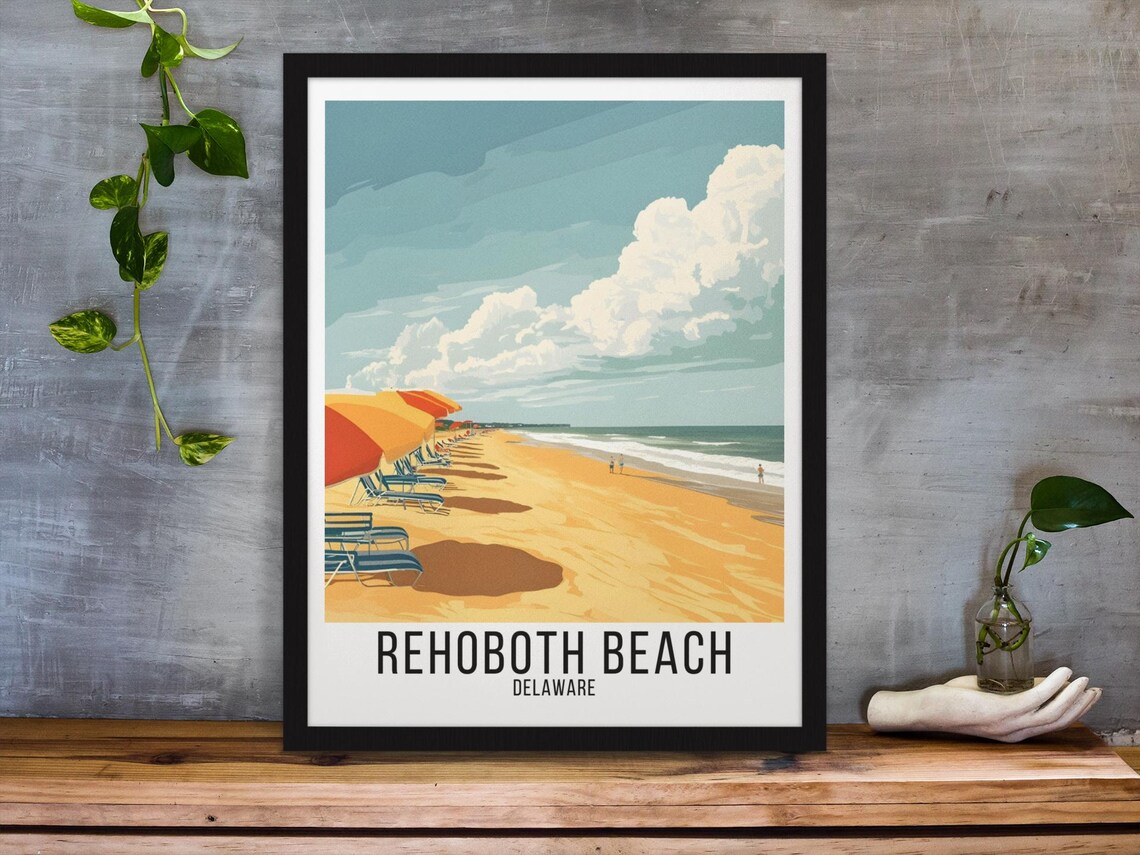 Rehoboth Beach Delaware Golden Sand Retro Umbrellas Travel Poster
