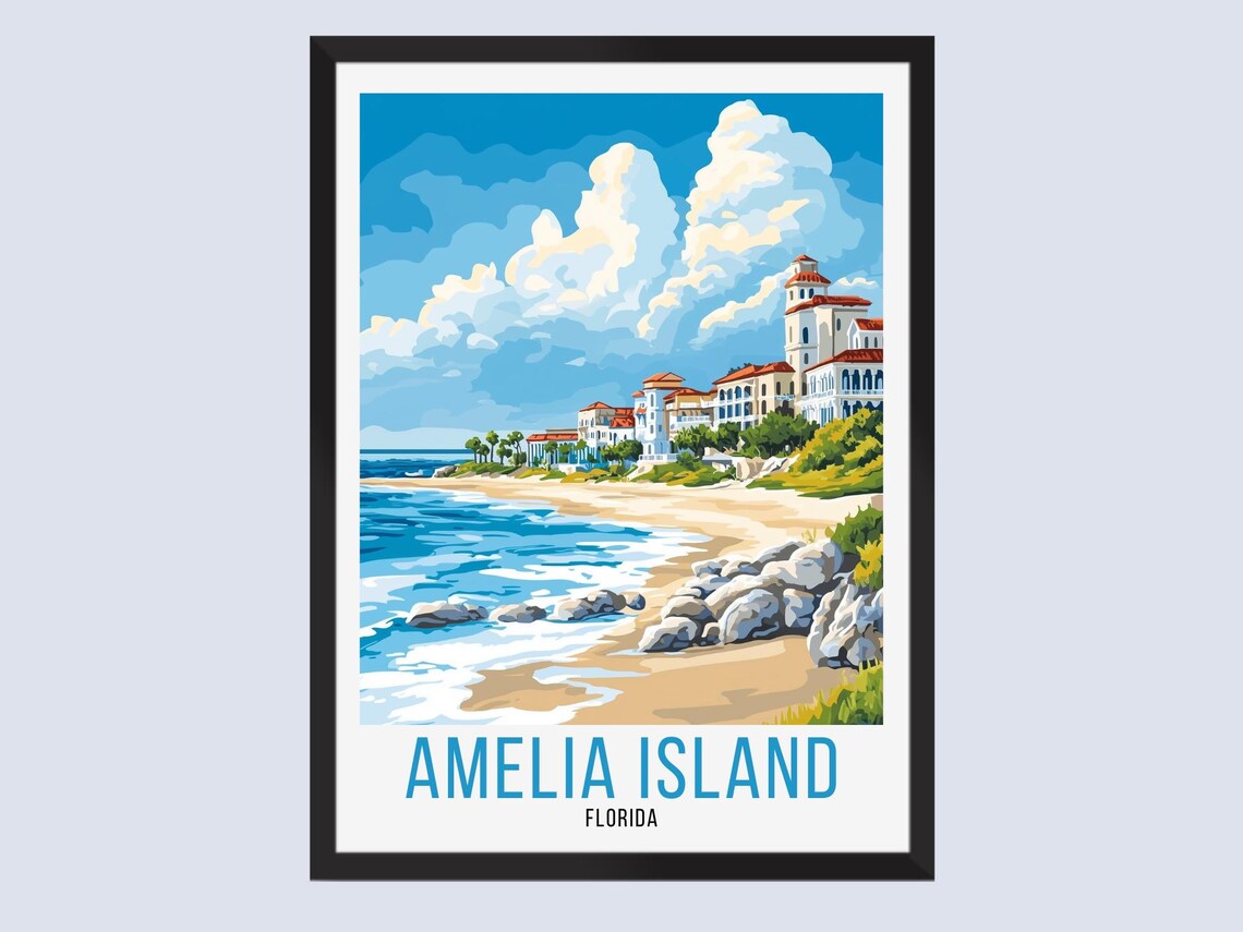Amelia Island Florida Travel Poster Rocky Beach Coastal Town Art