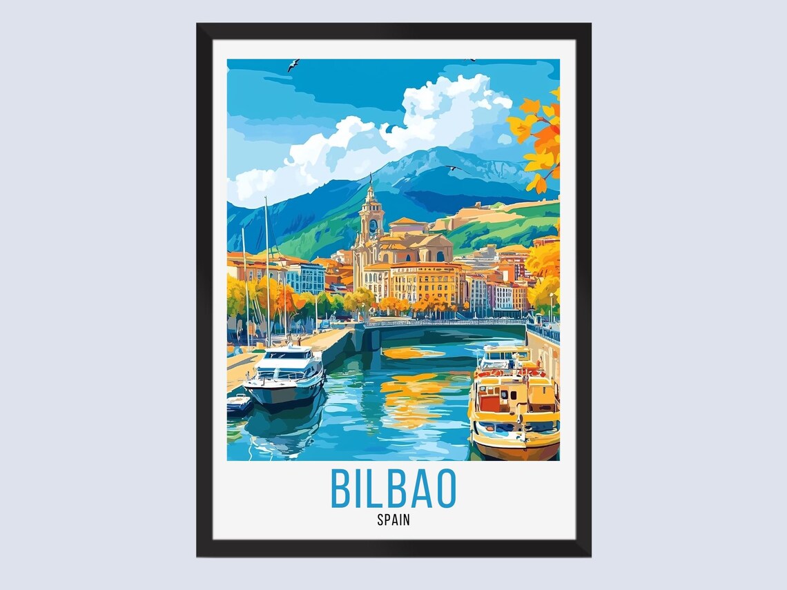 Bilbao Spain Harbor Boats Old Church Bridge Riverside Travel Poster