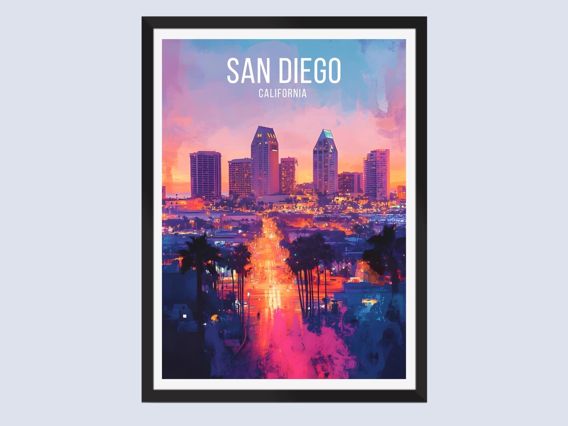San Diego California Skyline Sunset Neon Street Vintage Poster