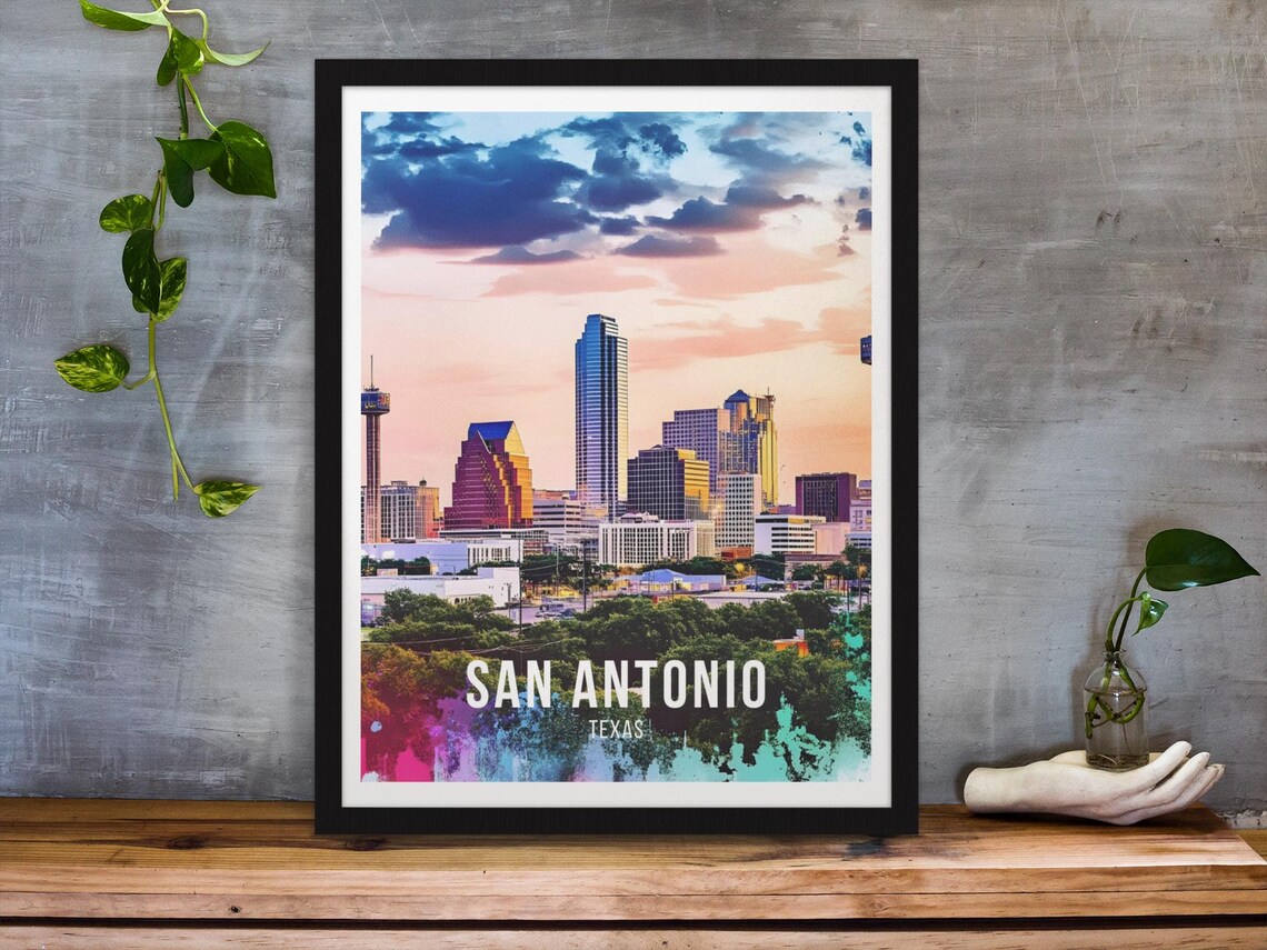 San Antonio Texas Sunset Skyline Tower Of Americas Travel Poster
