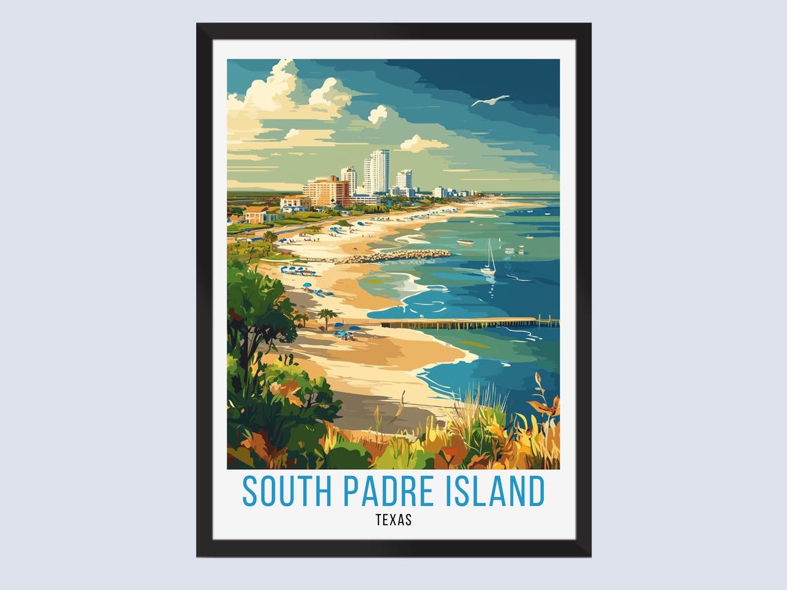 South Padre Island Texas Beach Pier Umbrellas Summer Travel Poster