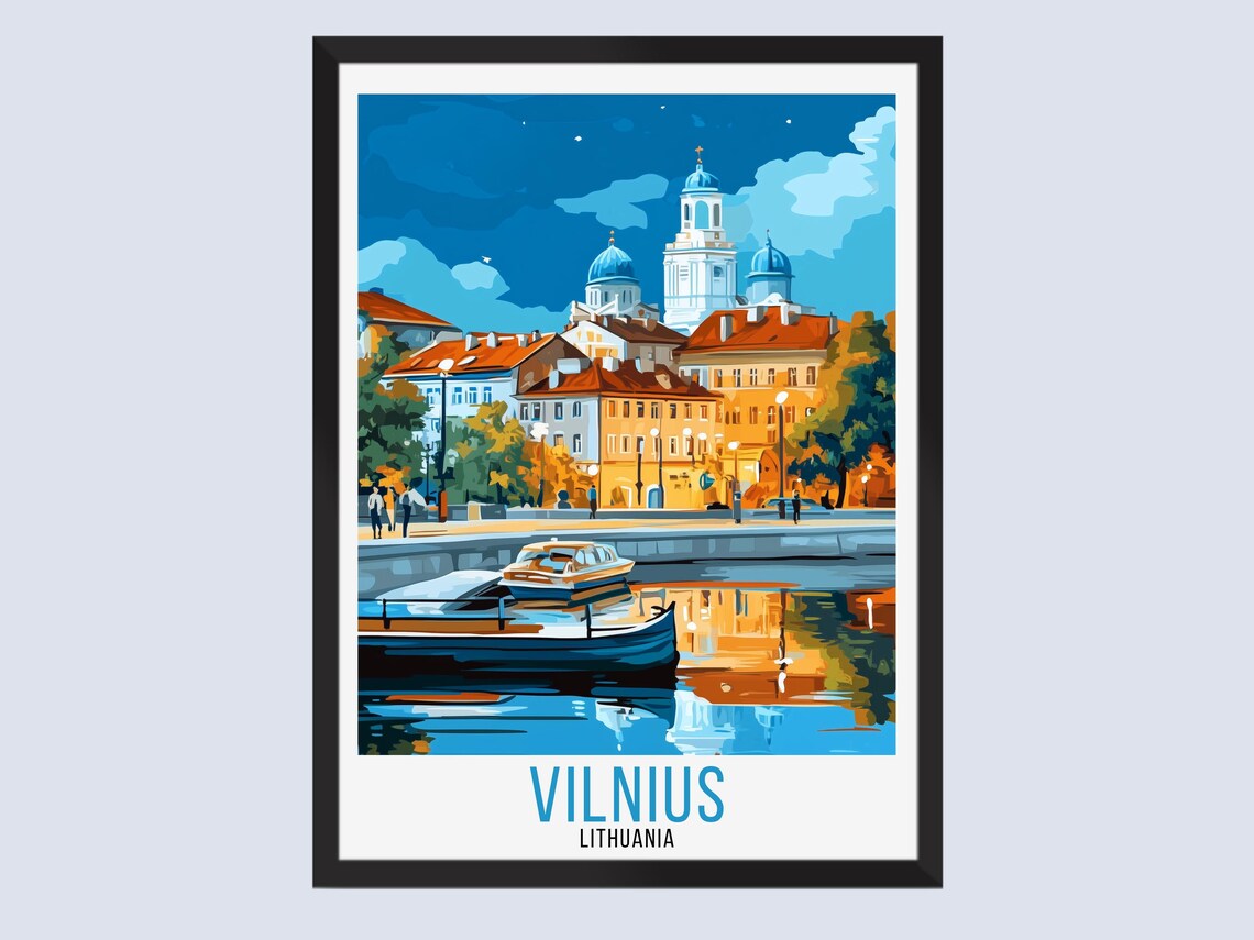 Beautiful Vilnius Lithuania Cathedral River Dusk Travel Poster