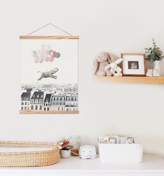Elephant In Paris With Balloons, Neutral Nursery Art Print