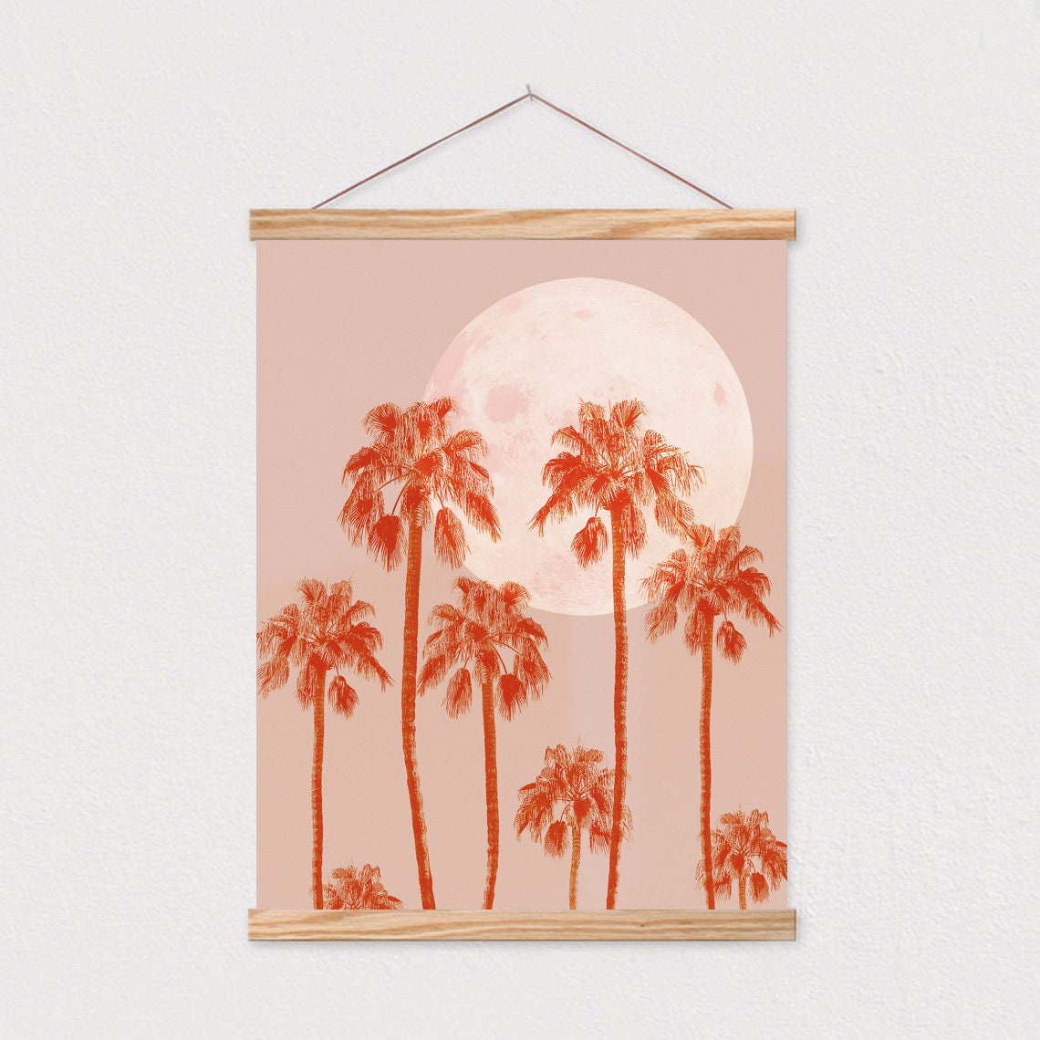 Terracotta Palms Under Pale Full Moon Blush Beach Wall Poster