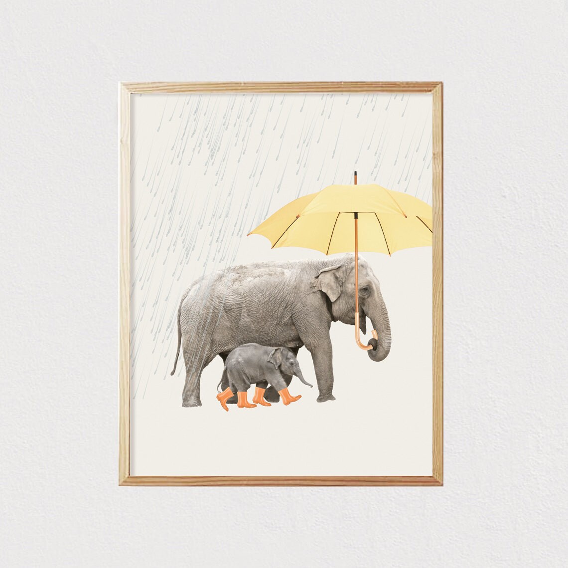 Mother And Baby Elephant Sharing Yellow Umbrella In Gentle Rain Cute Art Poster - Image 2