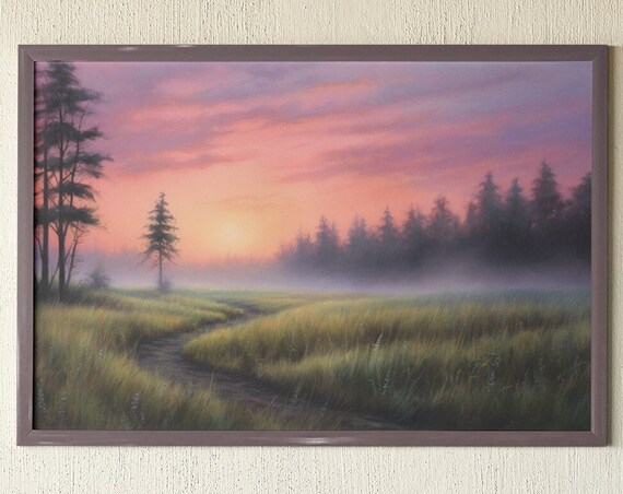 Pastel Sunrise Meadow Painting, Serene Landscape Art Print