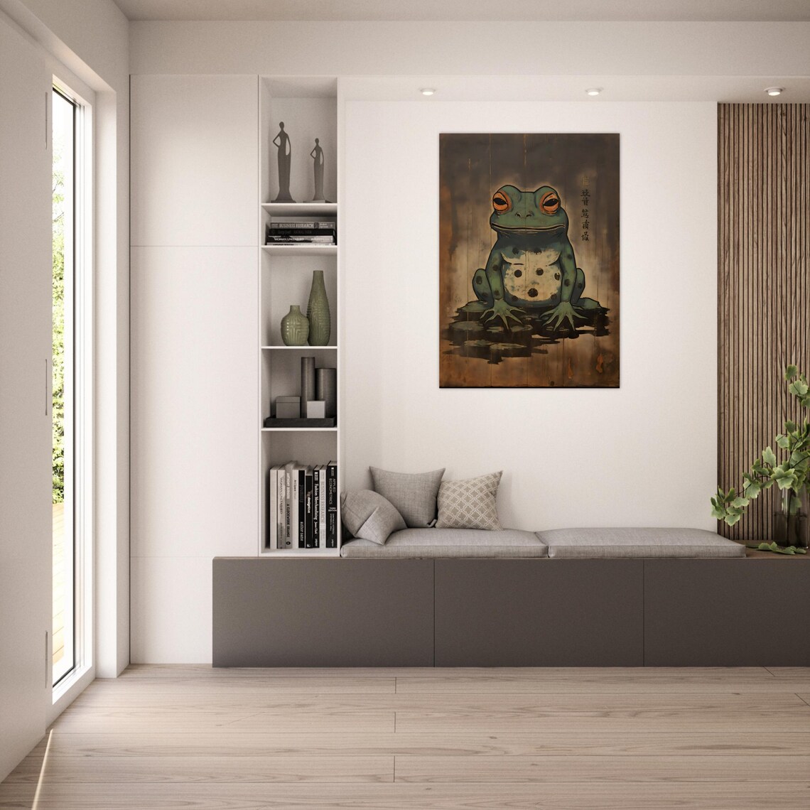 Japanese Woodblock Style Spotted Frog Portrait On Dark Vintage Background Poster - Image 5