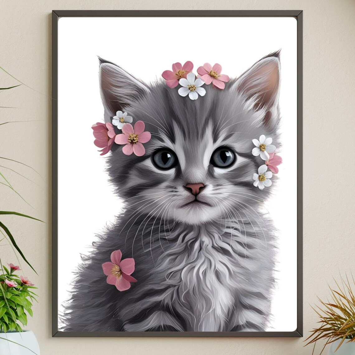 Adorable Gray Kitten With Pink White Blossom Flowers Cute Pet Poster