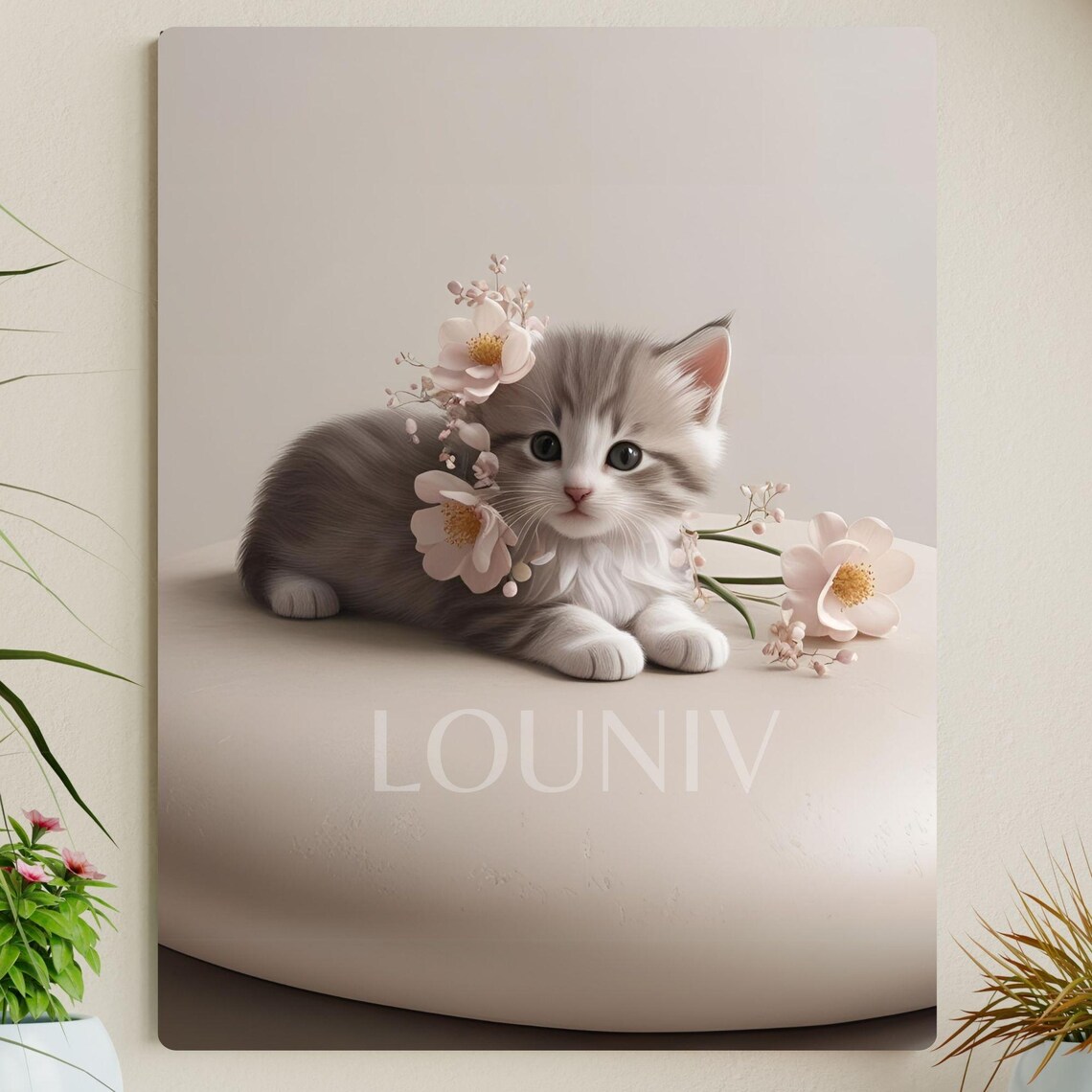 Minimalist Gray White Kitten Lying With Cherry Blossom Flowers Poster
