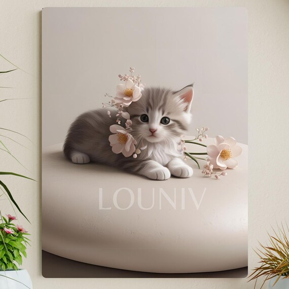Minimalist Gray White Kitten Lying With Cherry Blossom Flowers Poster