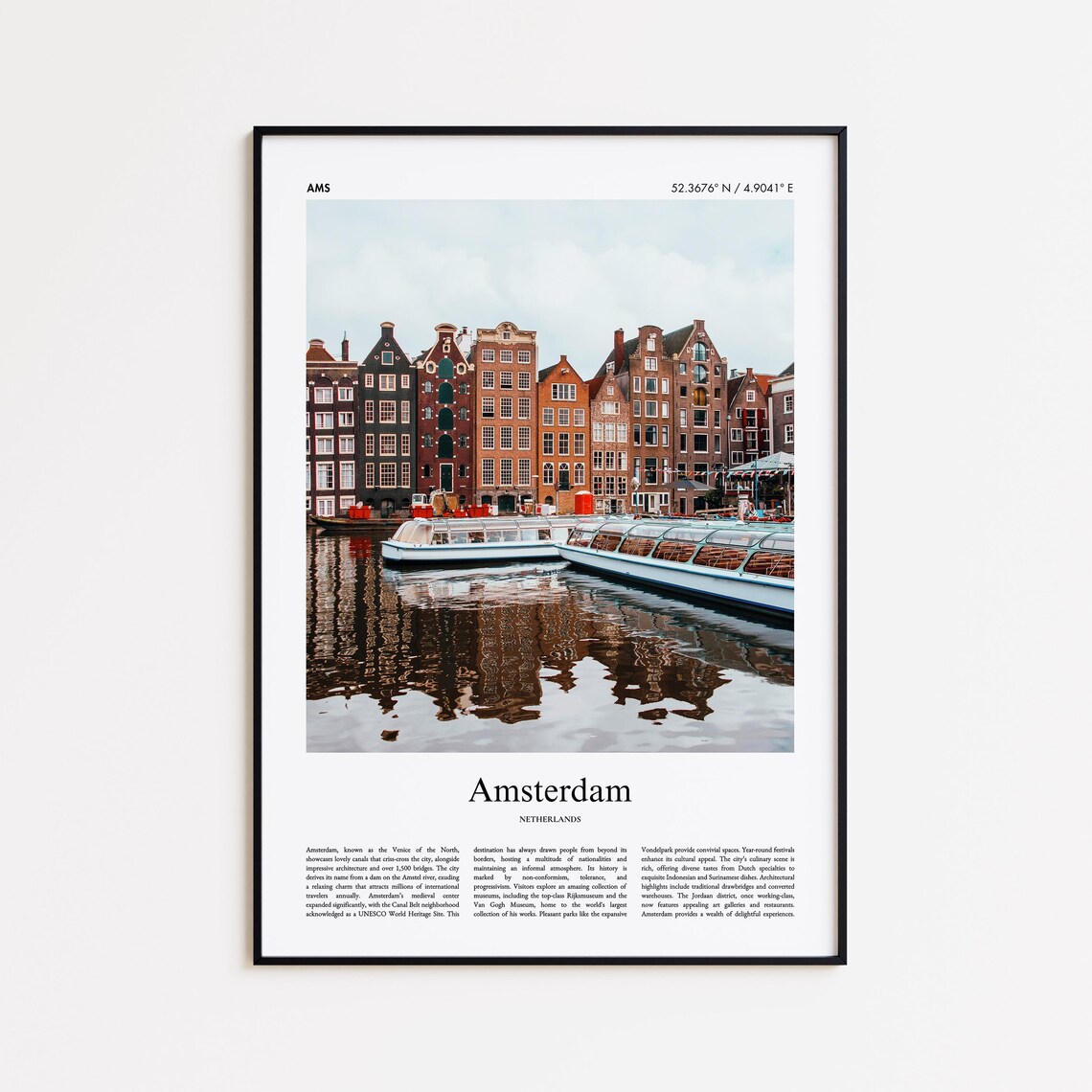 Amsterdam Netherlands Canal Houses Boats City Travel Photo Poster