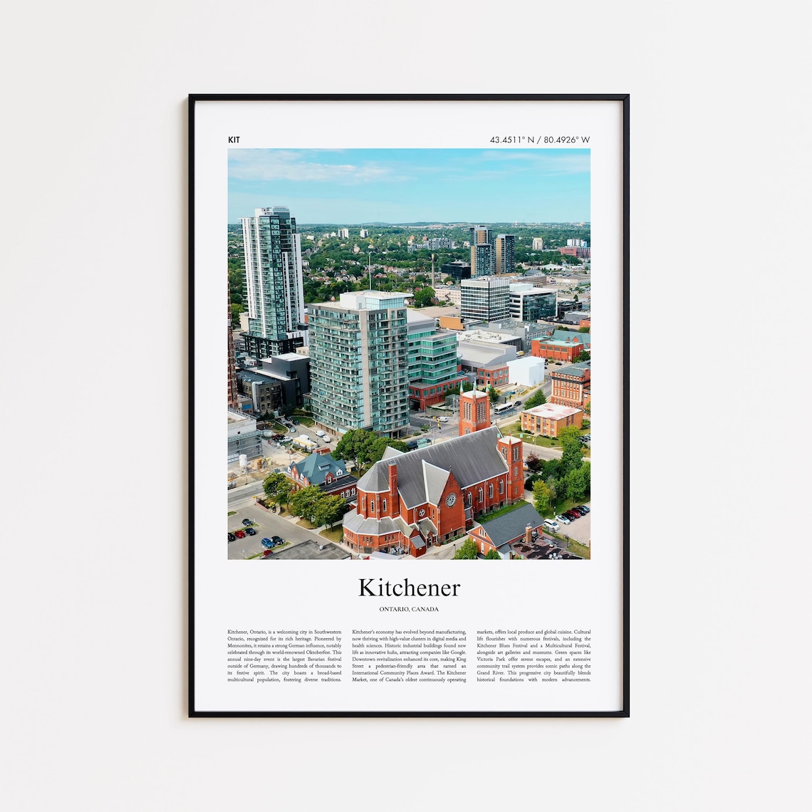 Kitchener Ontario Canada Downtown Skyline Aerial View Travel Poster