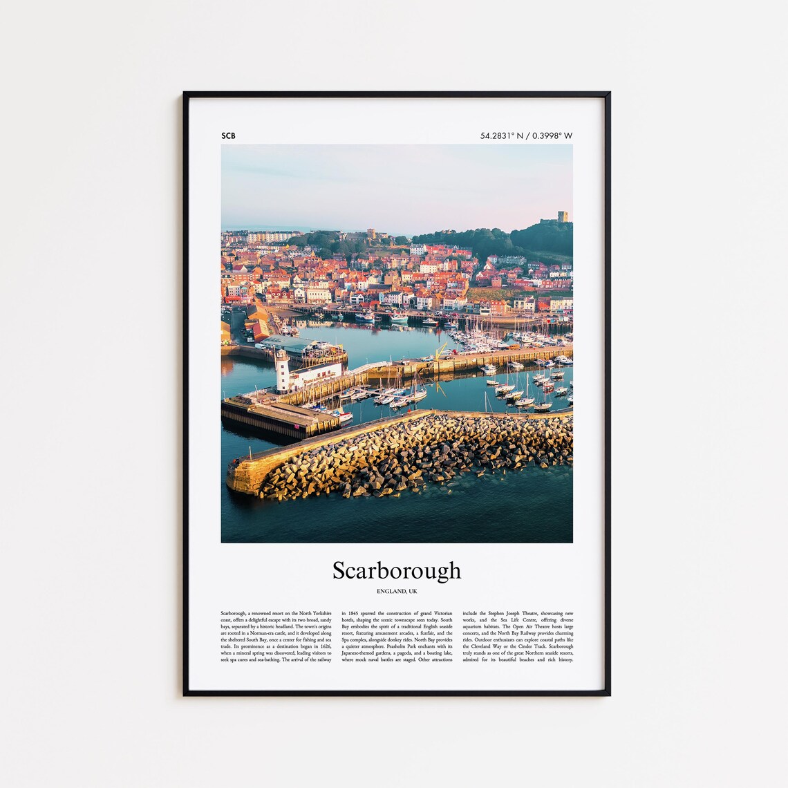 Scarborough England Harbor Lighthouse Seaside Travel Photo Poster