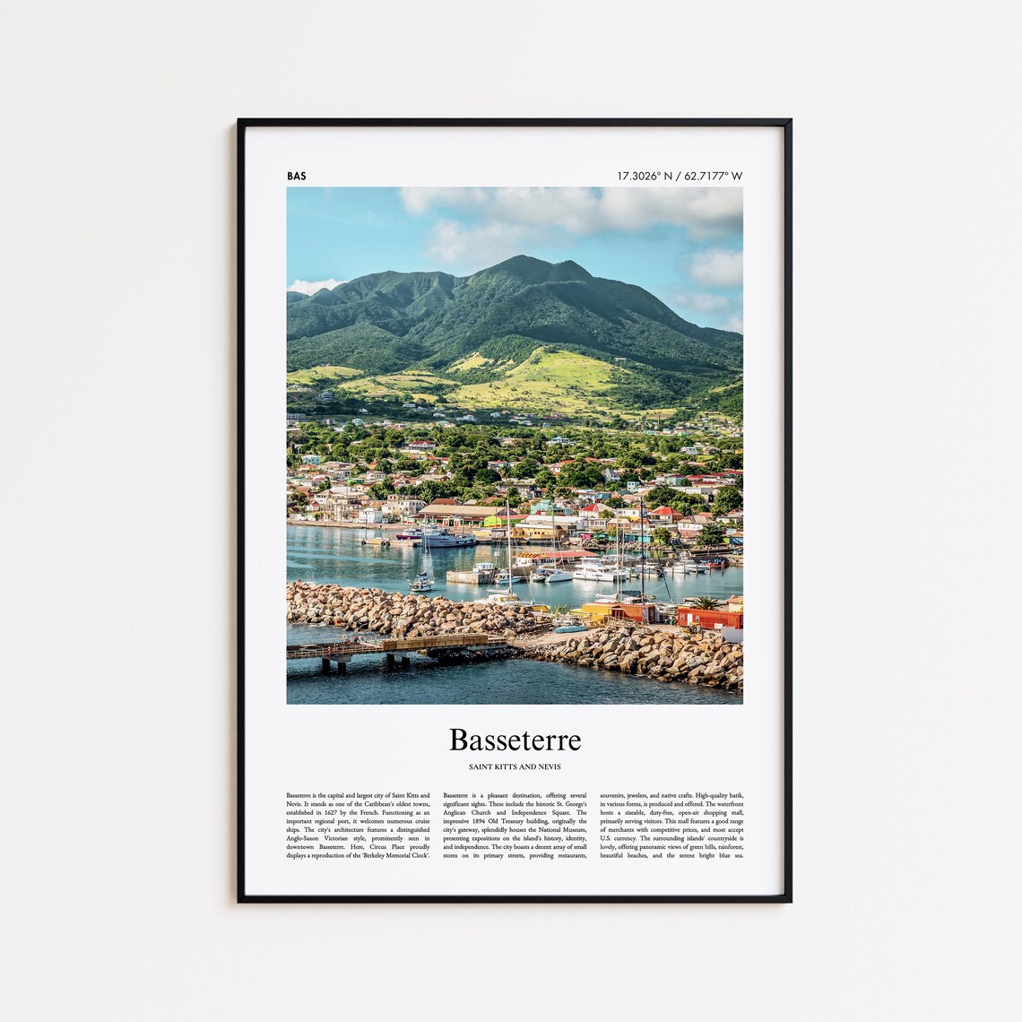 Basseterre Saint Kitts Harbor Mountains Caribbean Travel Poster