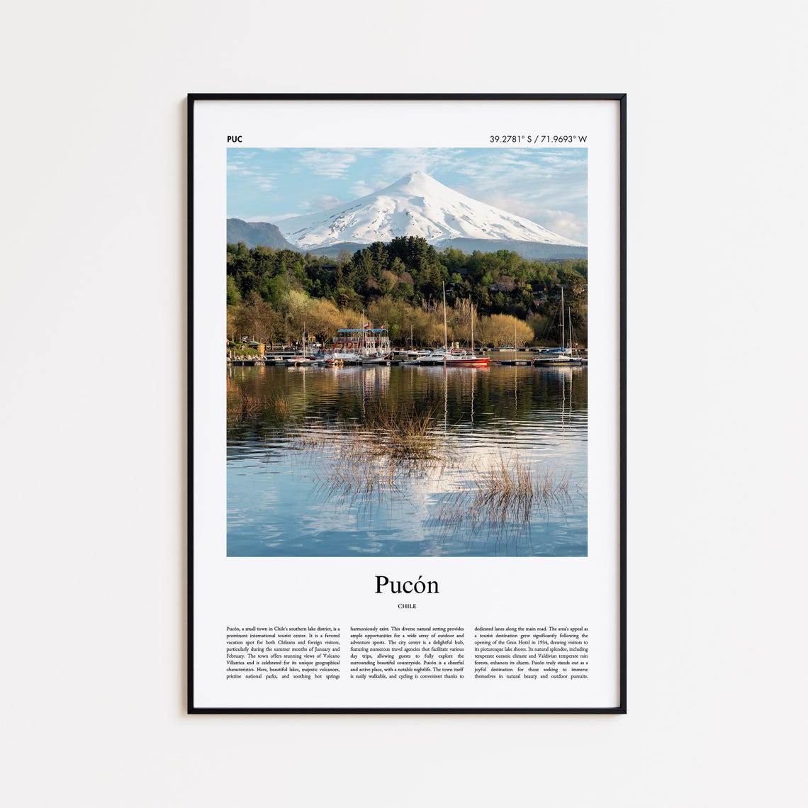 Pucon Chile Snow Capped Volcano Lake Marina Reflection Travel Poster