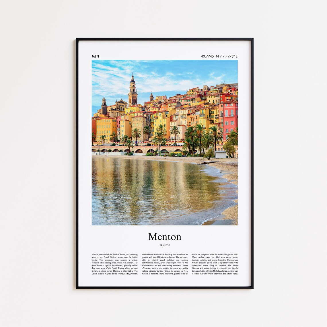 Menton Color Print, Minimal City Travel Poster