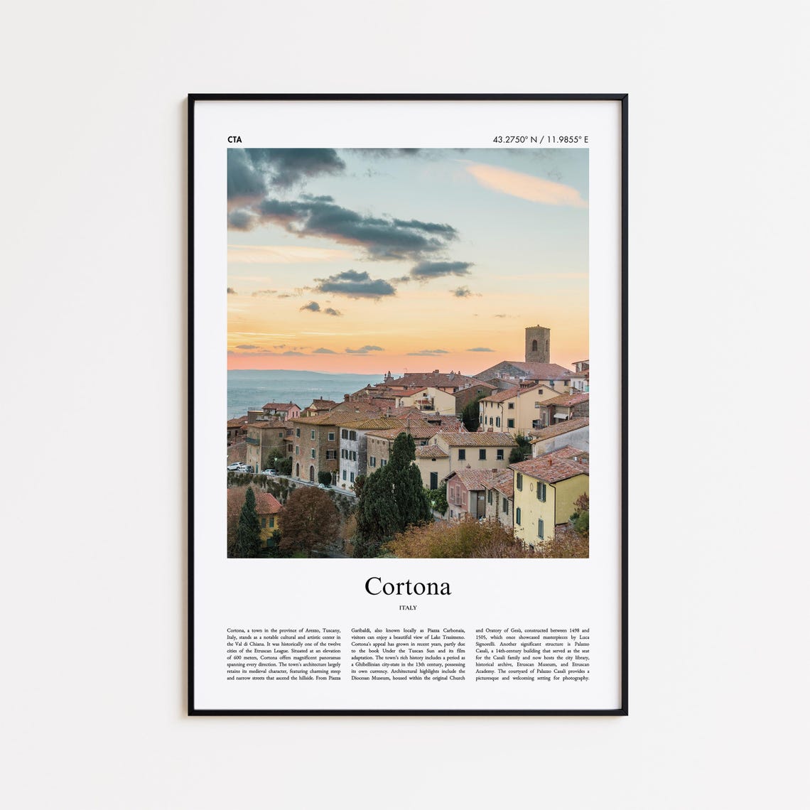 Cortona Italy Tuscan Hill Town Sunset Rooftops Travel Poster
