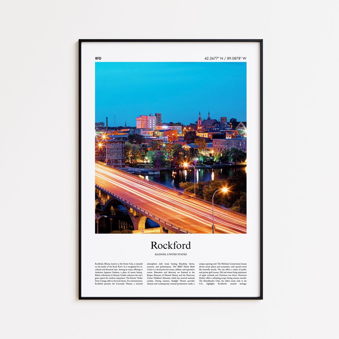 Rockford Illinois Rock River Evening Skyline Night Light Photo Poster