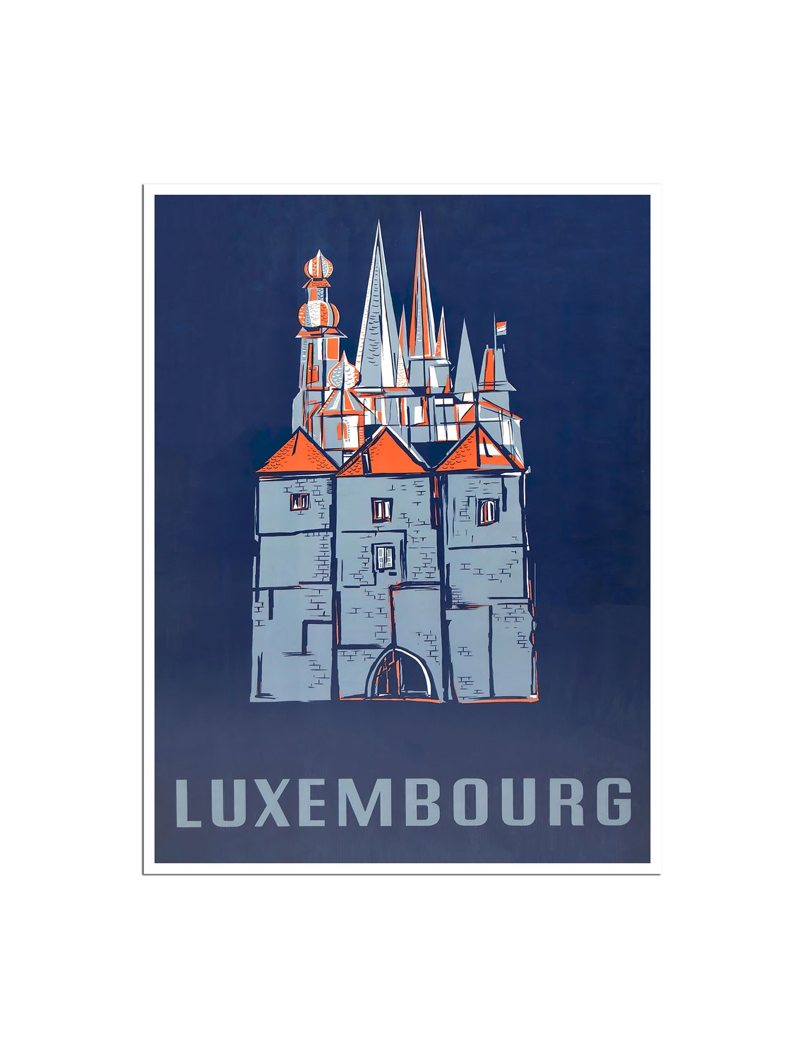 Luxembourg Vintage Fortress Castle Night Blue Graphic Travel Poster