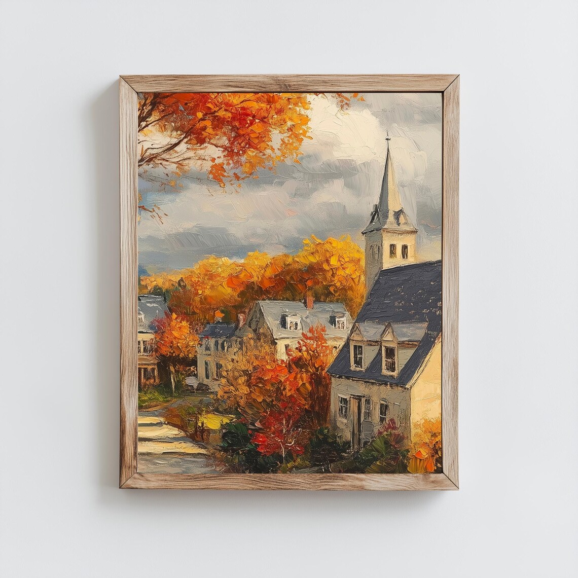 Autumn Village Church Steeple Fiery Foliage Vintage Oil Painting Poster - Image 3
