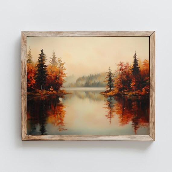 Misty Autumn Lake Dawn Mirrored Evergreens Fall Reflection Painting Poster