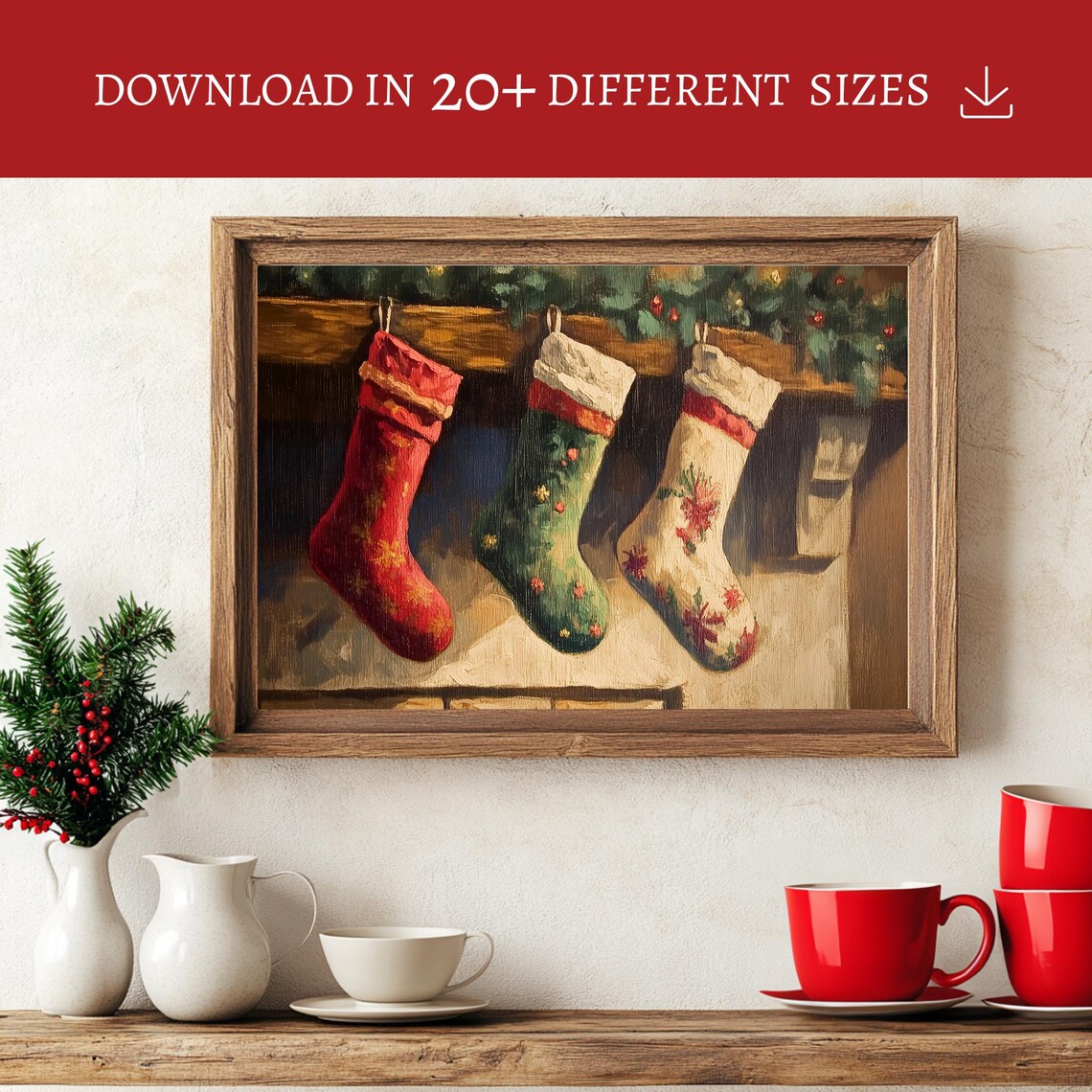 Three Christmas Stockings Fireplace Mantel Vintage Oil Painting Poster - Image 2