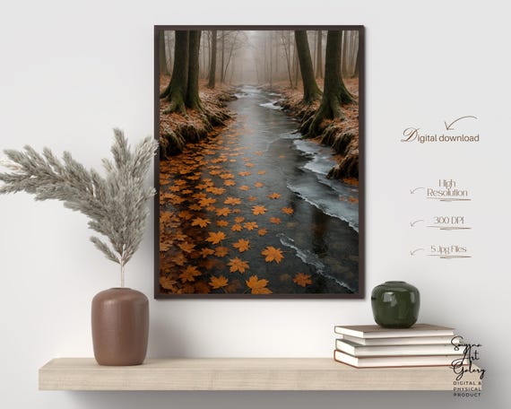 Autumn Wall Art With Fall Leaves Misty Forest Landscape Print Frozen River Nature Photography Seasonal Moody Home Decor