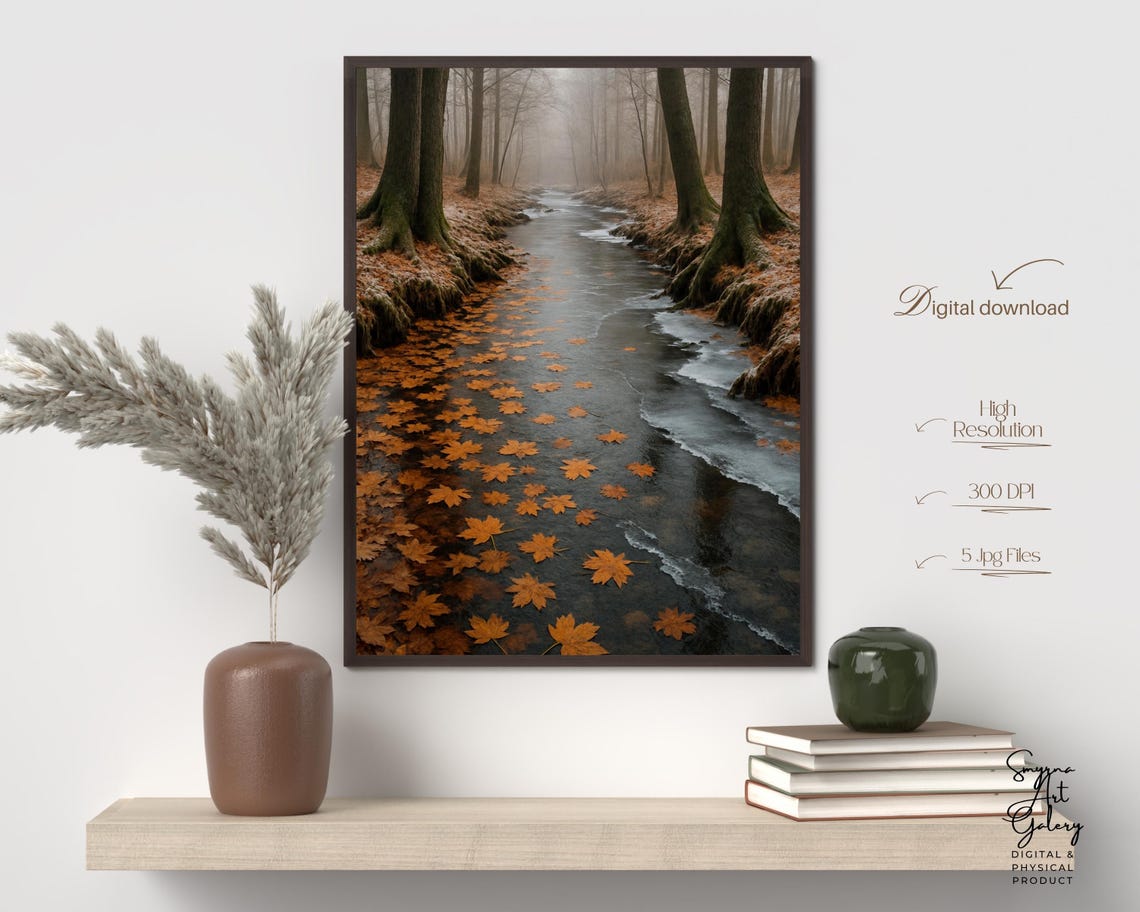 Misty Forest Stream Floating Orange Maple Leaves Autumn Photo Poster